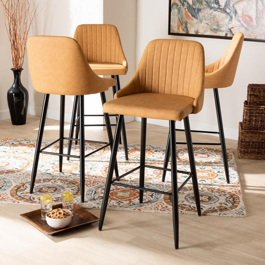 Walter Mid-Century Contemporary Tan Faux Leather Upholstered and Black Metal 4-Piece Bar Stool Set