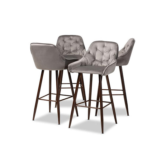 Grey Velvet Fabric Upholstered and Walnut Finished 4-Piece Bar Stool Set