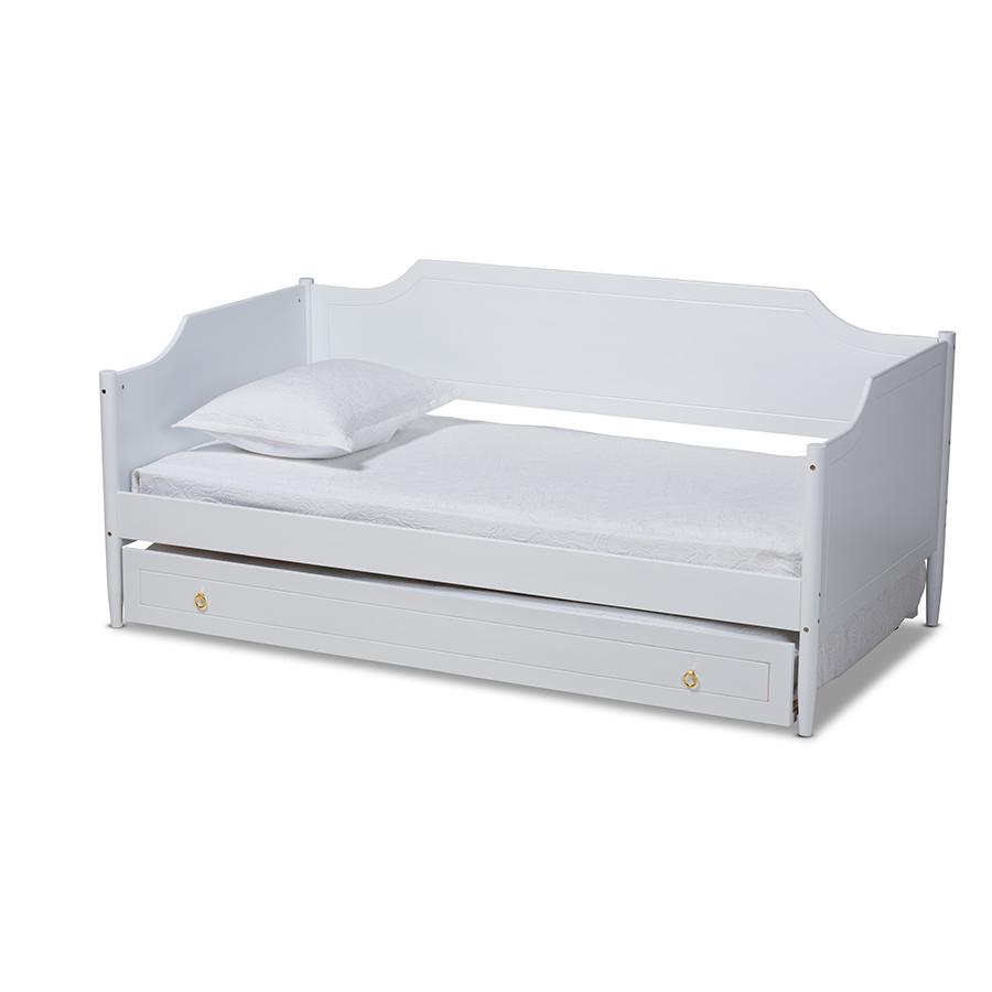 Farmhouse White Finished Wood Twin Size Daybed with Roll-Out Trundle Bed