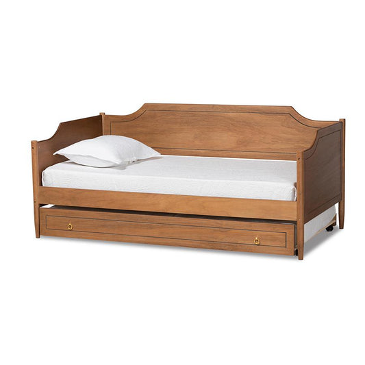 Farmhouse Walnut Brown Finished Wood Twin Size Daybed with Roll-Out Trundle Bed