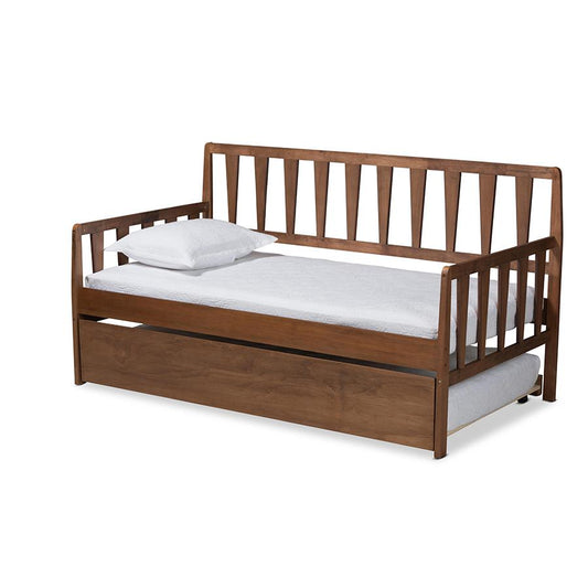 Walnut Brown Finished Wood Twin Size Daybed with Roll-Out Trundle Bed