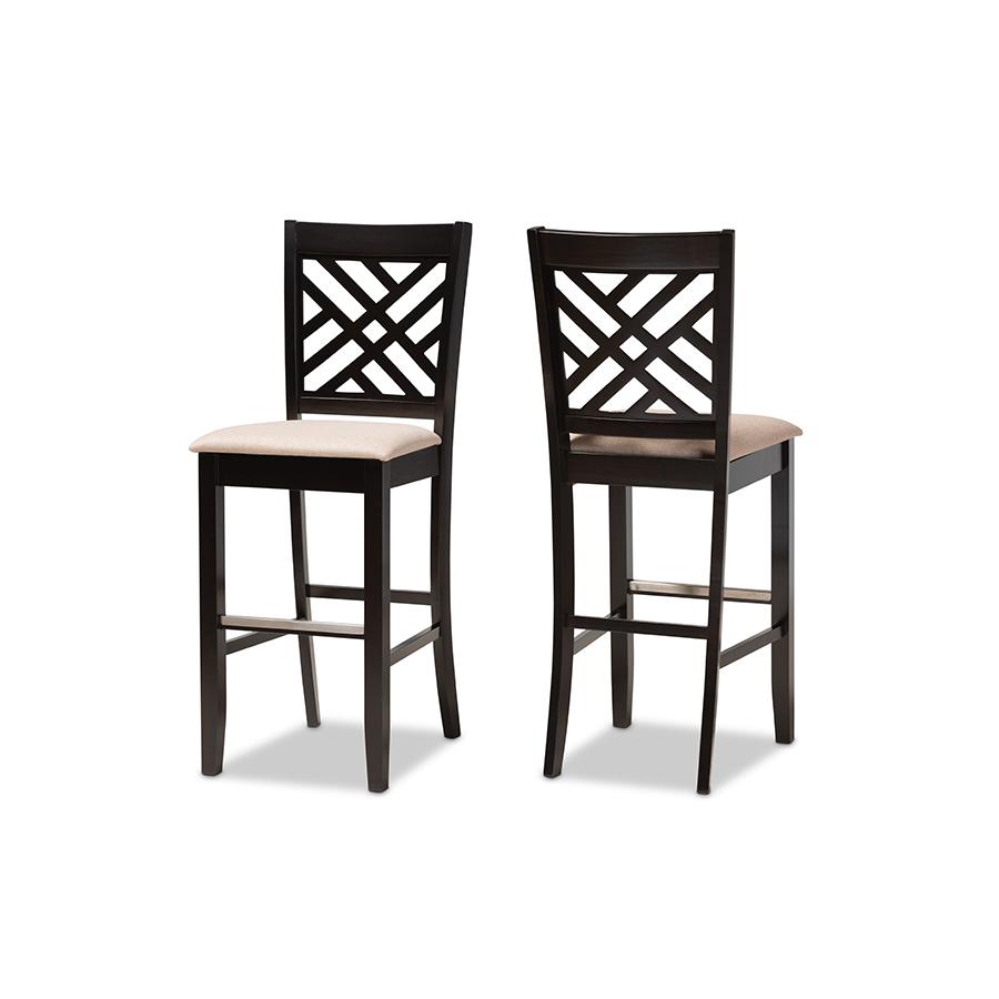 Sand Fabric Upholstered and Espresso Brown Finished Wood 2-Piece Bar Stool Set