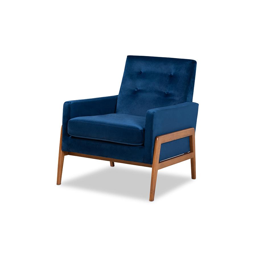 Navy Blue Velvet Fabric Upholstered and Walnut Brown Finished Wood Lounge Chair