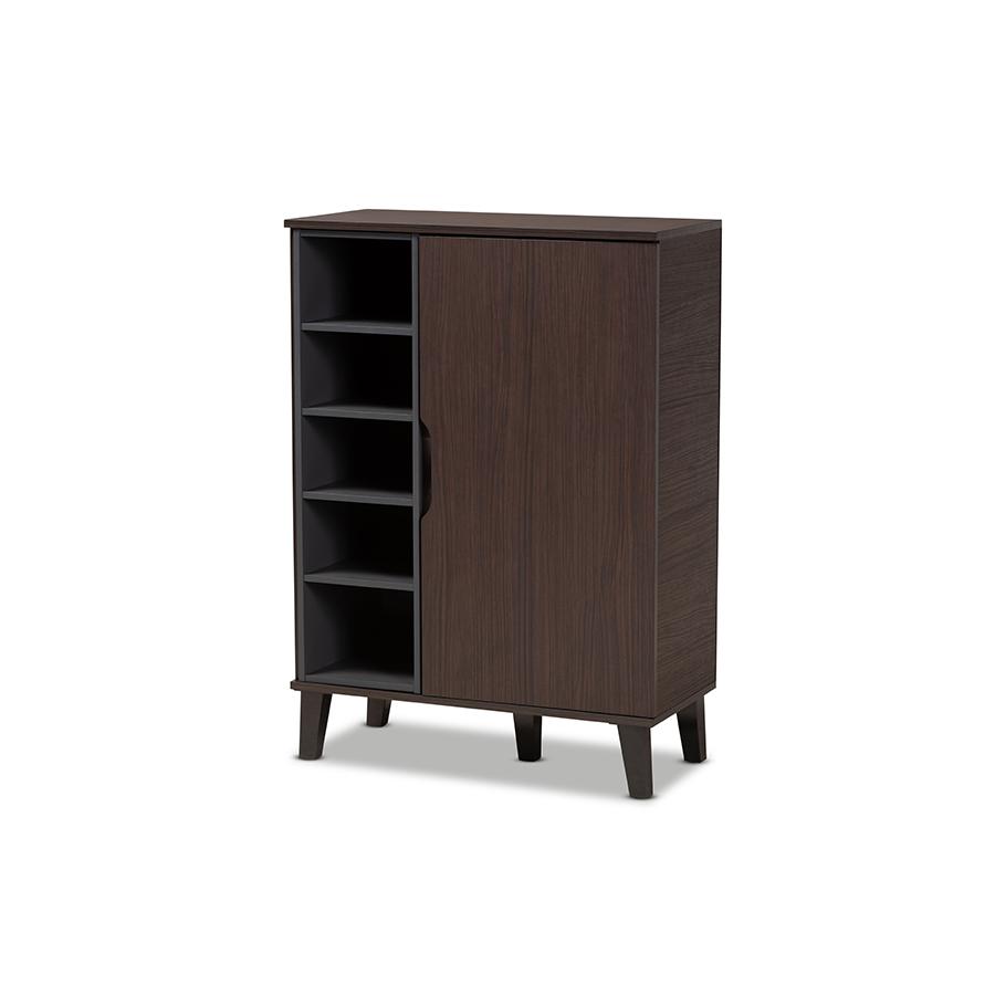 Two-Tone Dark Brown and Grey Finished Wood 1-Door Shoe Cabinet