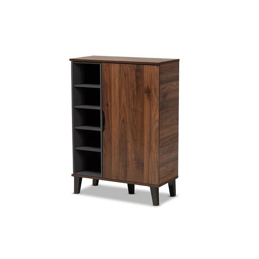 Two-Tone Walnut Brown and Grey Finished Wood 1-Door Shoe Cabinet