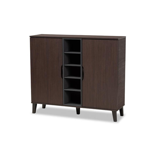 Two-Tone Dark Brown and Grey Finished Wood 2-Door Shoe Cabinet