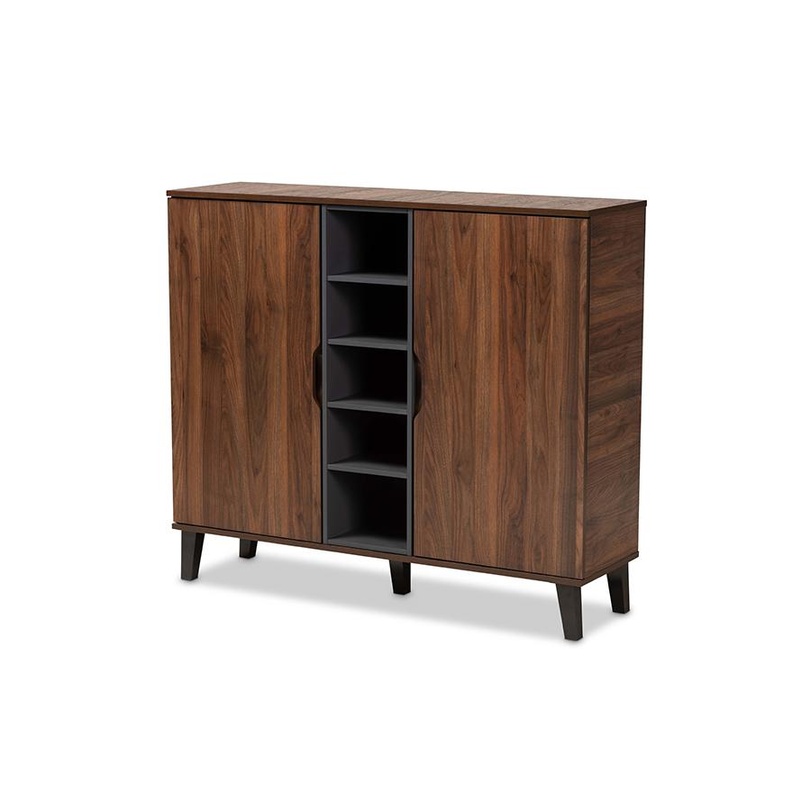 Two-Tone Walnut Brown and Grey Finished Wood 2-Door Shoe Cabinet