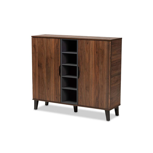 Two-Tone Walnut Brown and Grey Finished Wood 2-Door Shoe Cabinet