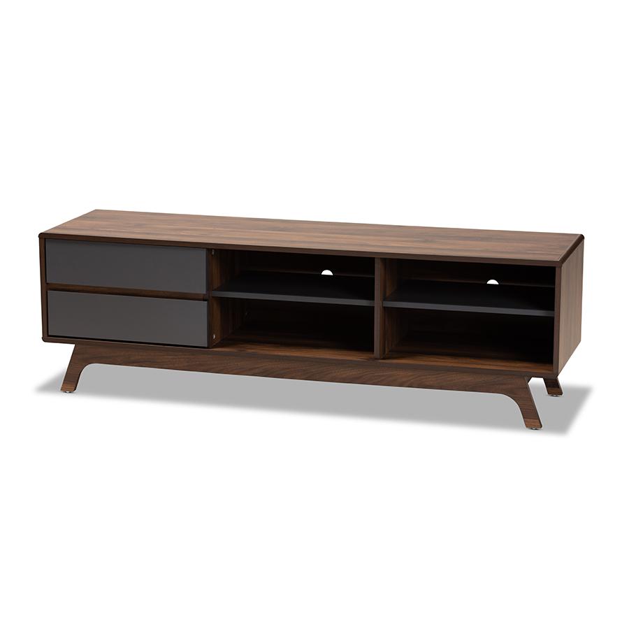 Koji Mid-Century Modern Two-Tone Grey and Walnut Finished Wood 2-Drawer TV Stand