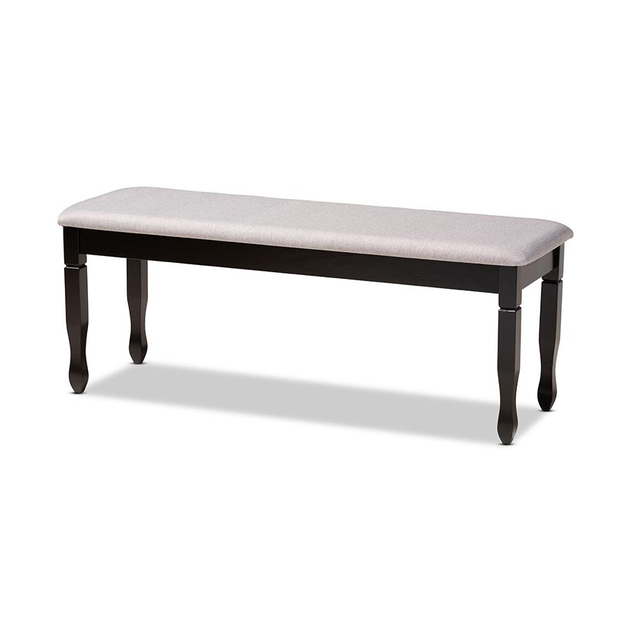 Grey Fabric Upholstered and Dark Brown Finished Wood Dining Bench