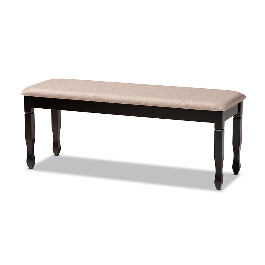 Sand Fabric Upholstered and Dark Brown Finished Wood Dining Bench