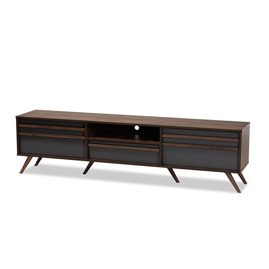 Two-Tone Grey and Walnut Finished Wood TV Stand with Drop-Down Compartments