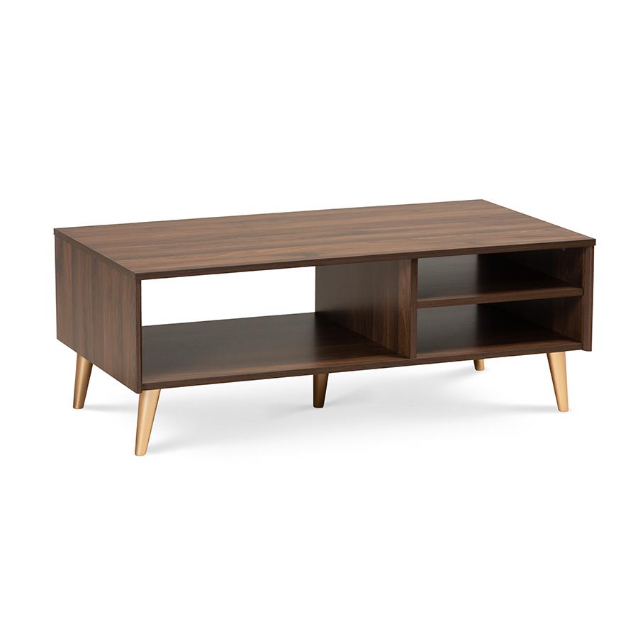 Landen Mid-Century Modern Walnut Brown and Gold Finished Wood Coffee Table