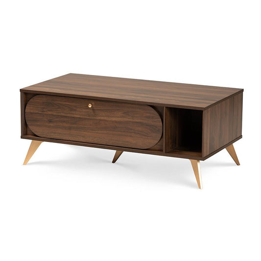 Edel Mid-Century Modern Walnut Brown and Gold Finished Wood Coffee Table