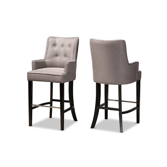 Grey Fabric Upholstered and Dark Brown Finished Wood 2-Piece Bar Stool Set