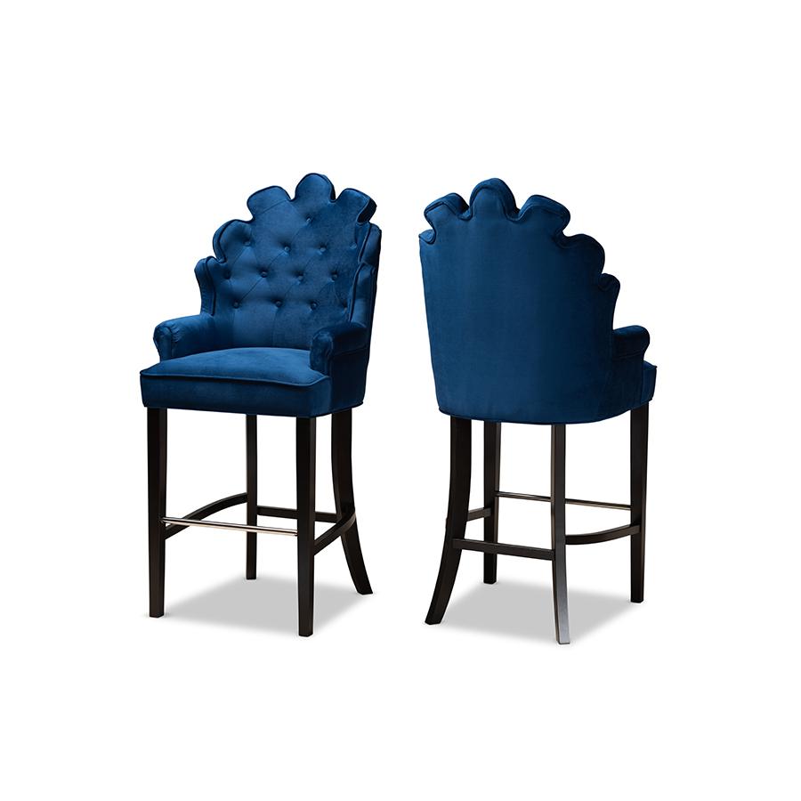 Navy Blue Velvet Upholstered and Dark Brown Finished Wood 2-Piece Bar Stool Set