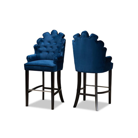 Navy Blue Velvet Upholstered and Dark Brown Finished Wood 2-Piece Bar Stool Set