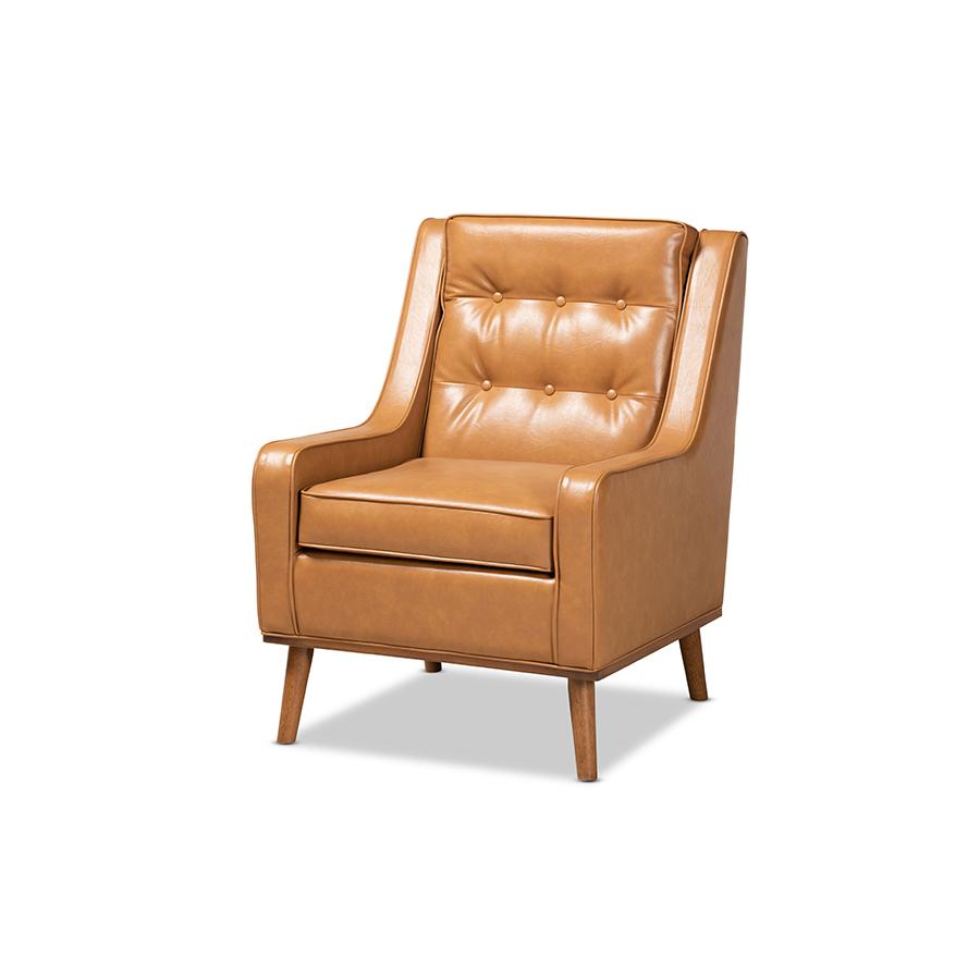 Tan Faux Leather Upholstered and Walnut Brown Finished Wood Lounge Armchair