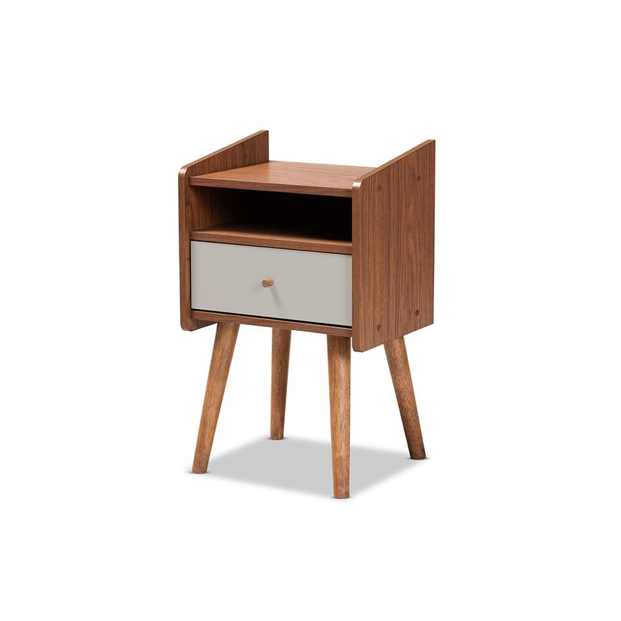 Two-Tone Grey and Walnut Brown Finished Wood 1-Drawer Nightstand