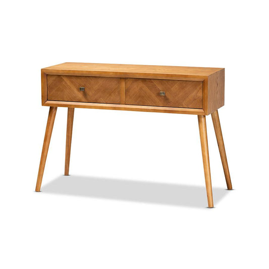 Mae Mid-Century Modern Natural Brown Finished Wood 2-Drawer Console Table