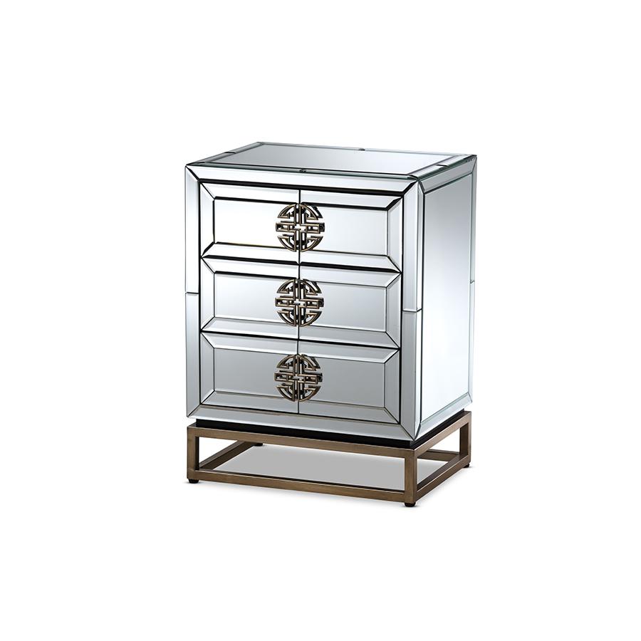 Laken Contemporary Glam and Luxe Mirrored and Antique Bronze Finished 3-Drawer Nightstand