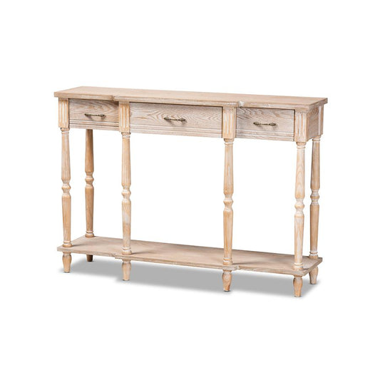 Provincial Rustic Whitewashed Oak Brown Finished Wood 3-Drawer Console Table