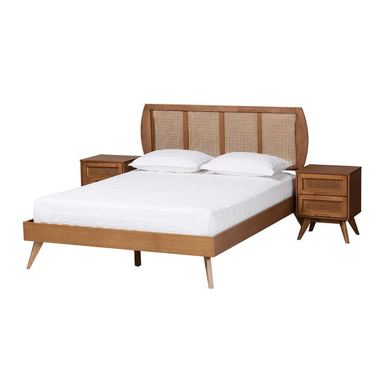 Modern Walnut Brown Finished Wood and Woven Rattan Full Size 3-Piece Bedroom Set