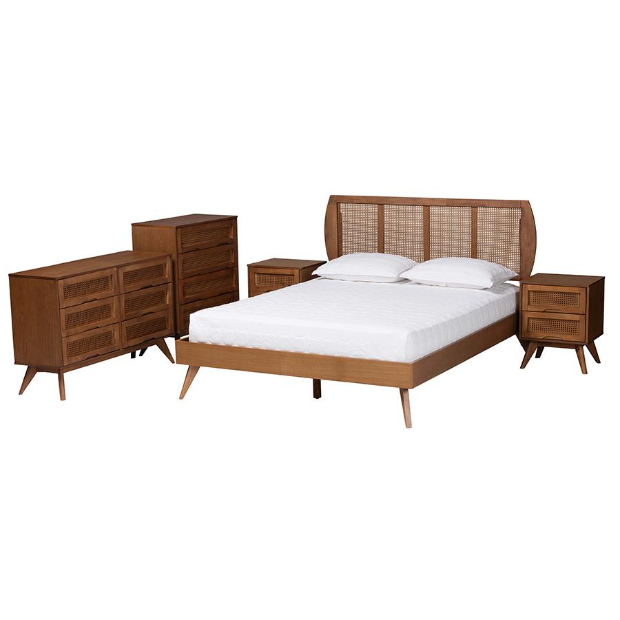 Modern Walnut Brown Finished Wood and Woven Rattan Full Size 5-Piece Bedroom Set