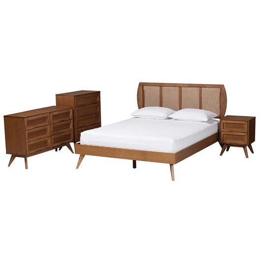 Modern Walnut Brown Finished Wood and Woven Rattan Full Size 4-Piece Bedroom Set