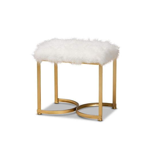 Gwyn Glam and Luxe White Faux Fur Upholstered and Gold Finished Metal Ottoman