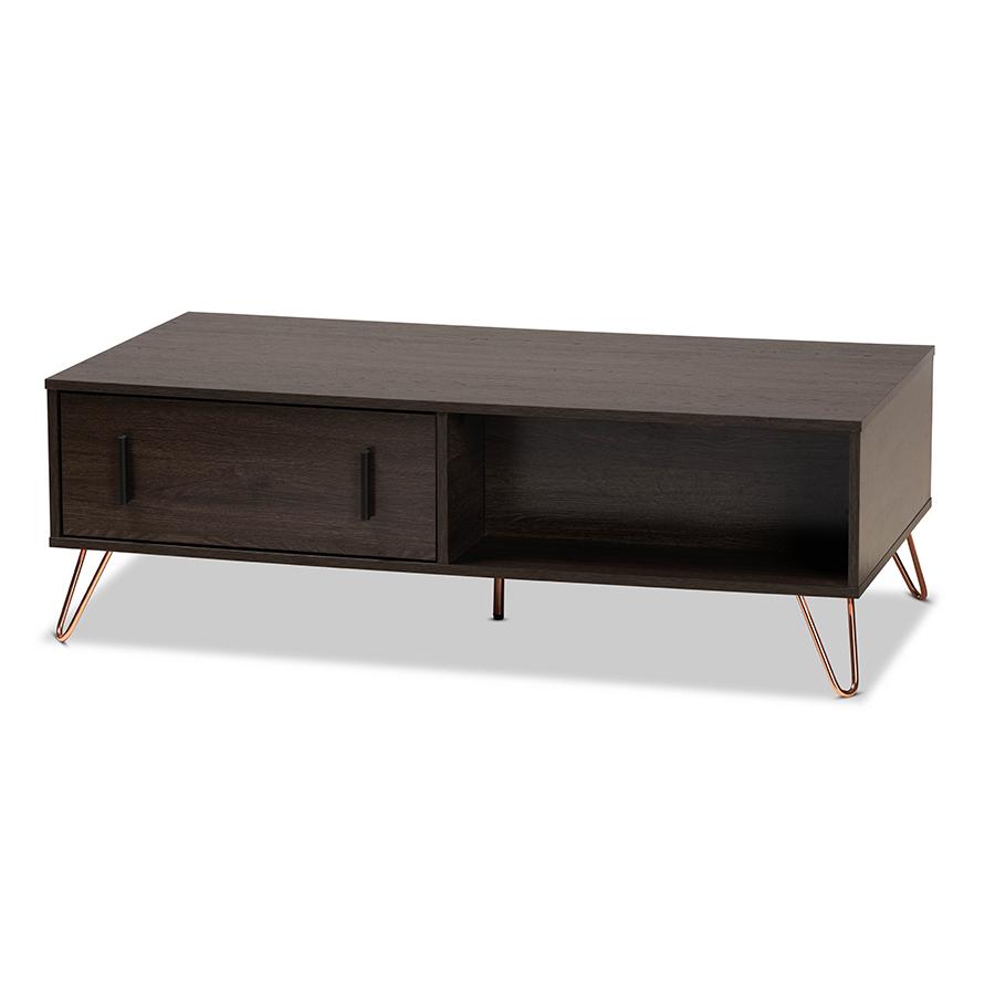 Baldor Modern and Contemporary Dark Brown Finished Wood and Rose Gold-Tone Finished Metal 2-Drawer Coffee Table