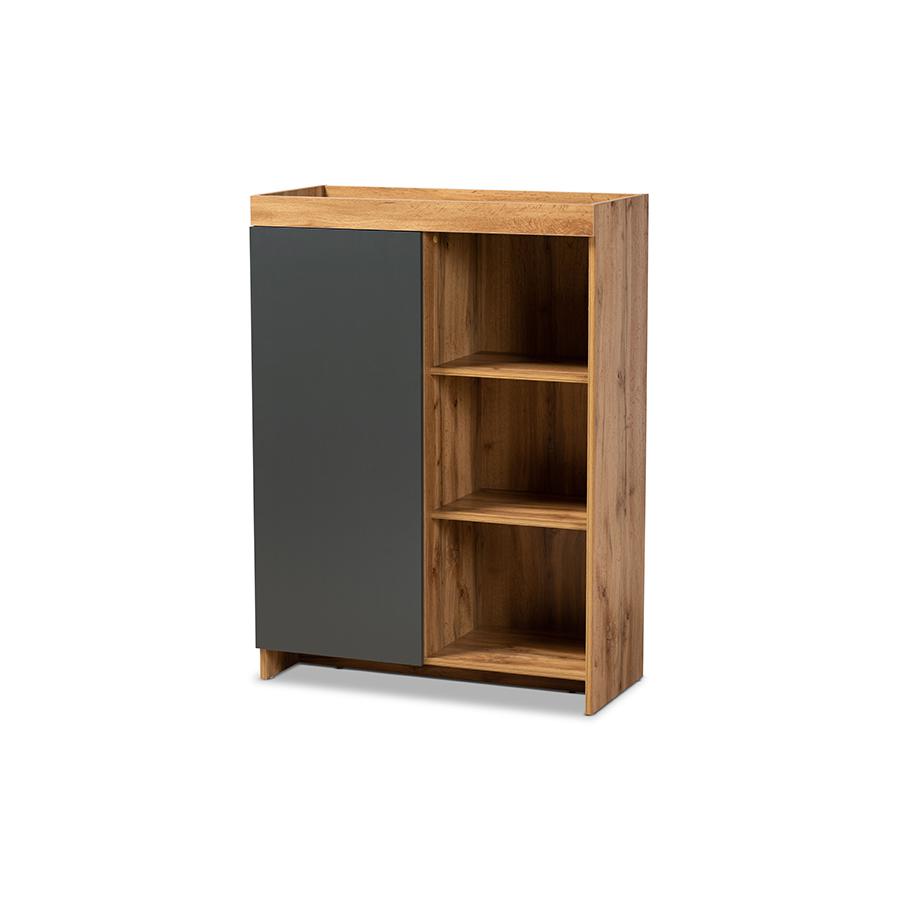 Two-Tone Grey and Oak Brown Finished Wood Shoe Cabinet