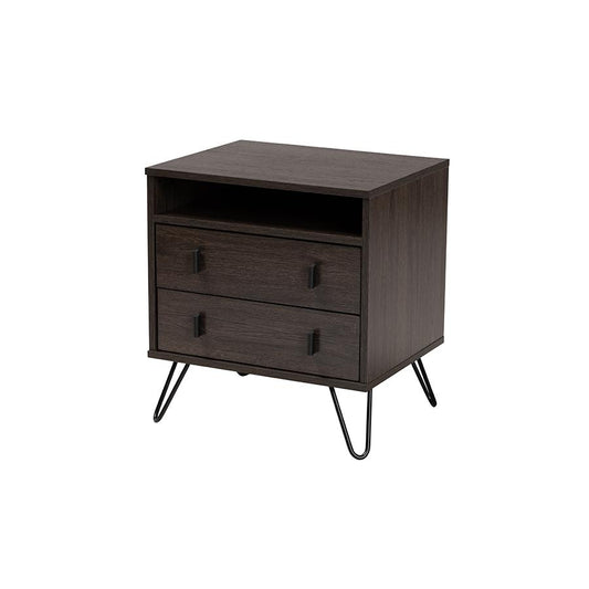 Dark Brown Finished Wood and Black Metal 2-Drawer Nightstand