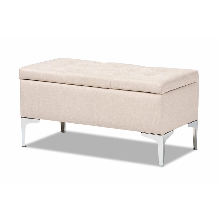 Transitional Beige Fabric Upholstered and Silver Finished Metal Storage Ottoman