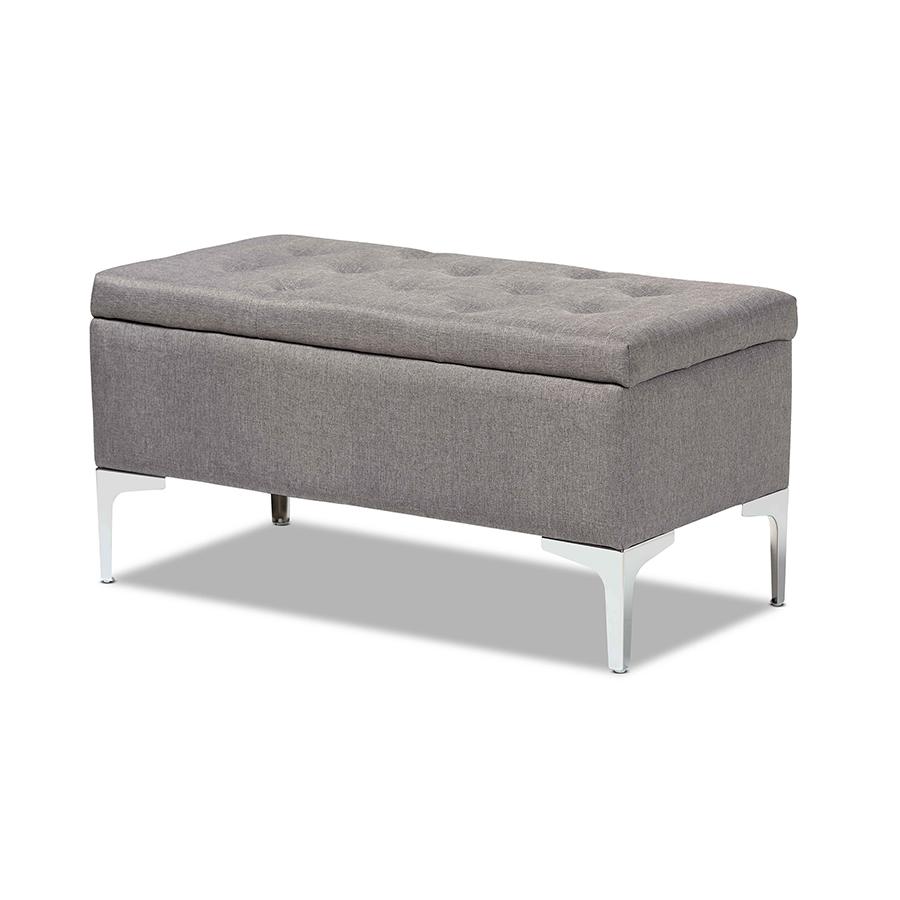 Transitional Grey Fabric Upholstered and Silver Finished Metal Storage Ottoman