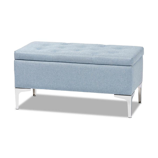 Mabel Modern and Contemporary Transitional Light Blue Fabric Upholstered and Silver Finished Metal Storage Ottoman