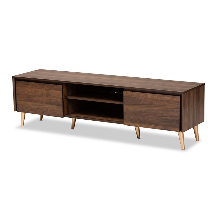 Landen Mid-Century Modern Walnut Brown and Gold Finished Wood TV Stand