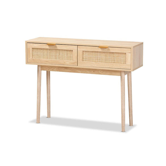 Light Oak Brown Finished Wood and Rattan 2-Drawer Console Table