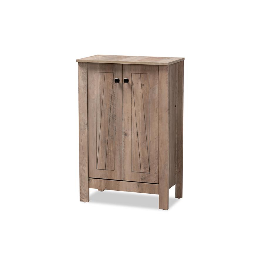 Transitional Rustic Oak Finished Wood 2-Door Shoe Cabinet