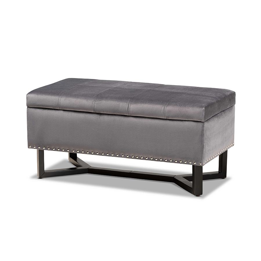 Grey Velvet Fabric Upholstered and Dark Brown Finished Wood Storage Ottoman