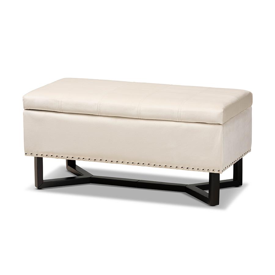 Beige Velvet Fabric Upholstered and Dark Brown Finished Wood Storage Ottoman