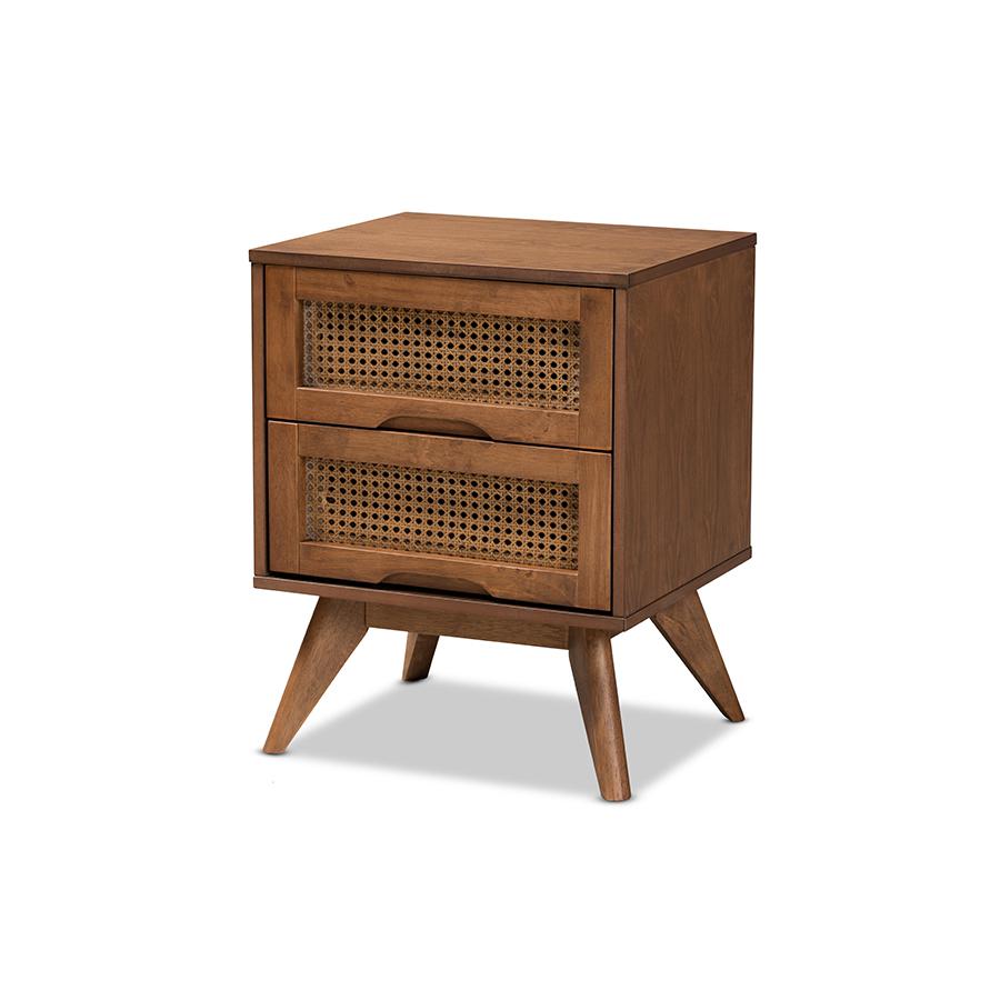 Walnut Brown Finished Wood and Synthetic Rattan 2-Drawer Nightstand