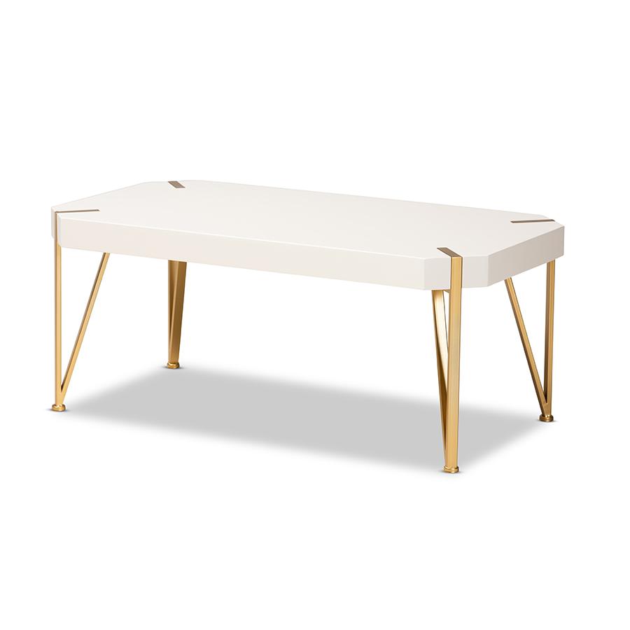 Glam and Luxe Brushed Gold Metal and White Finished Wood Coffee Table