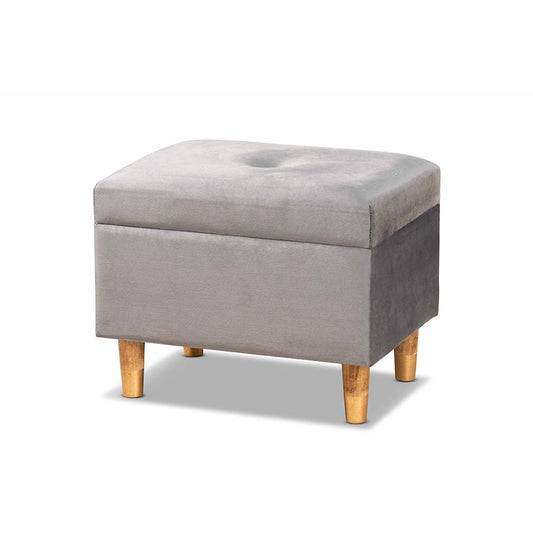 Grey Velvet Fabric Upholstered and Oak Brown Finished Wood Storage Ottoman