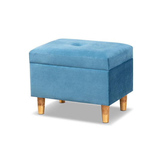 Sky Blue Velvet Fabric Upholstered and Oak Brown Finished Wood Storage Ottoman