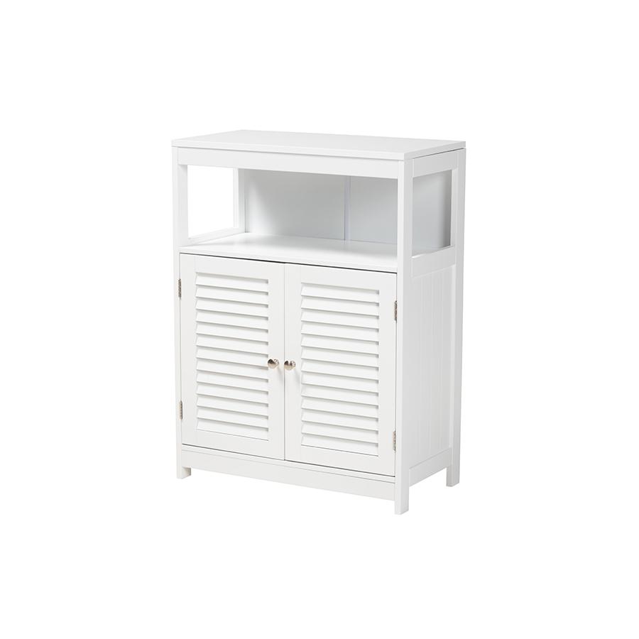 White Finished Wood and Silver Metal 2-Door Bathroom Storage Cabinet