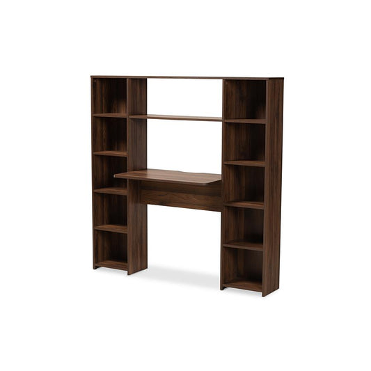 Walnut Brown Finished Wood Storage Computer Desk with Shelves