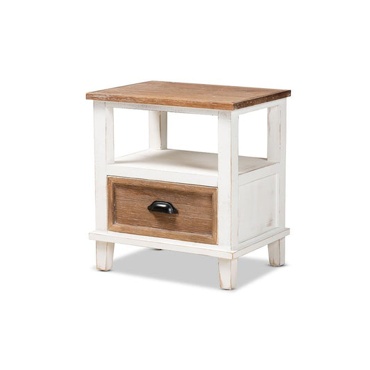 Baxton Studio Glynn Rustic Farmhouse Weathered Two-Tone White and Oak Brown Finished Wood 1-Drawer Nightstand