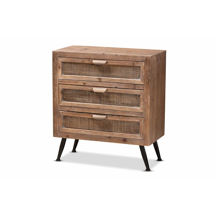 Whitewashed Natural Brown Finished Wood and Rattan 3-Drawer Storage Cabinet