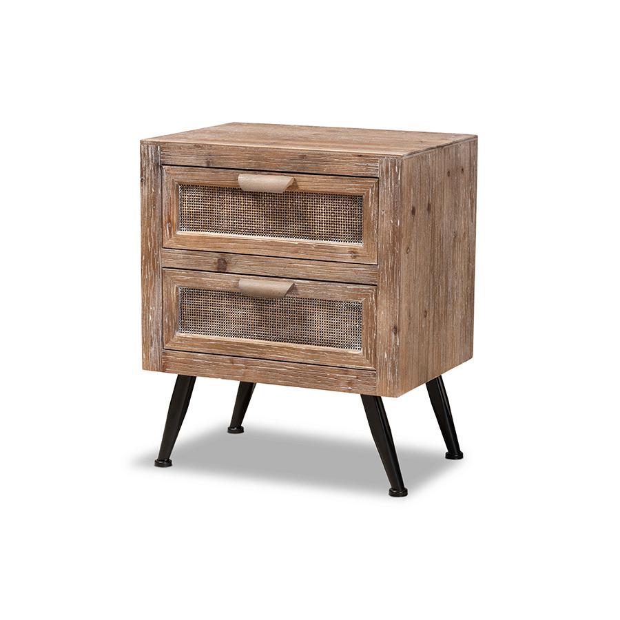 Baxton Studio Calida Mid-Century Modern Whitewashed Natural Brown Finished Wood and Rattan 2-Drawer Nightstand